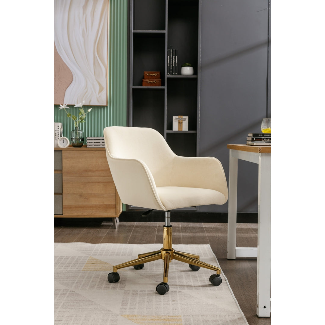 Adjustable Height 360 Revolving Velvet Office Chair with Gold Metal Legs and Universal Wheels Beige Image 4