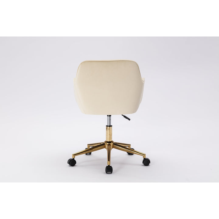 Adjustable Height 360 Revolving Velvet Office Chair with Gold Metal Legs and Universal Wheels Beige Image 6