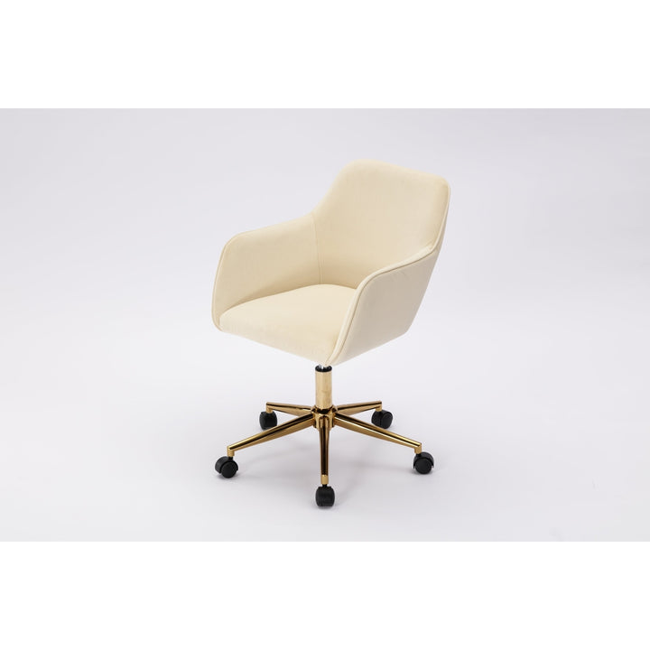 Adjustable Height 360 Revolving Velvet Office Chair with Gold Metal Legs and Universal Wheels Beige Image 7