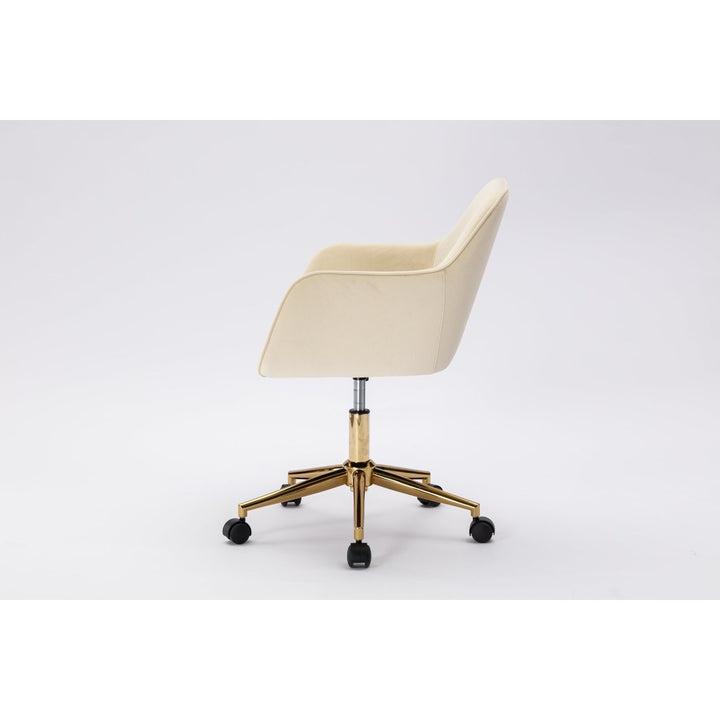 Adjustable Height 360 Revolving Velvet Office Chair with Gold Metal Legs and Universal Wheels Beige Image 8