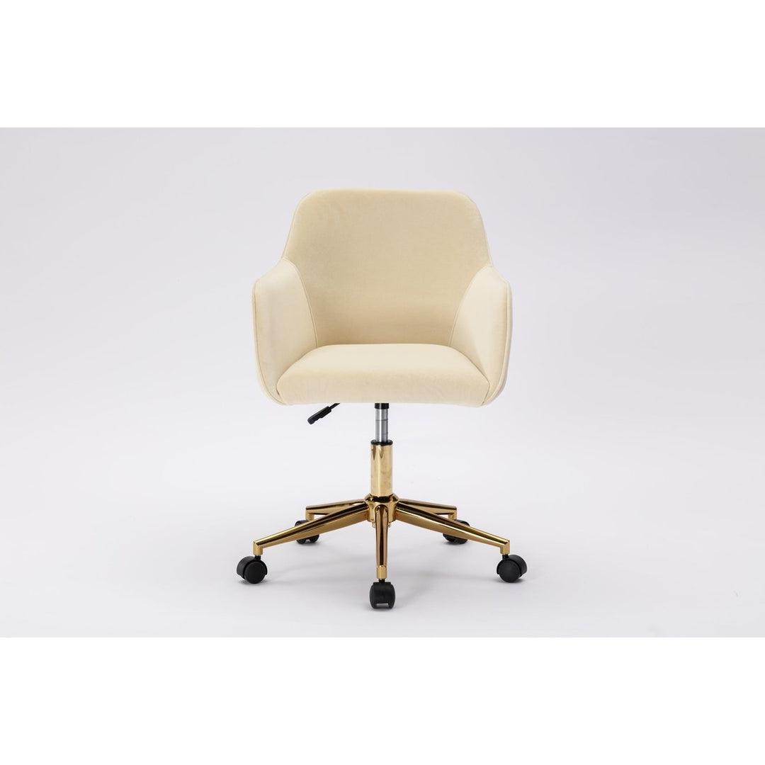 Adjustable Height 360 Revolving Velvet Office Chair with Gold Metal Legs and Universal Wheels Beige Image 9