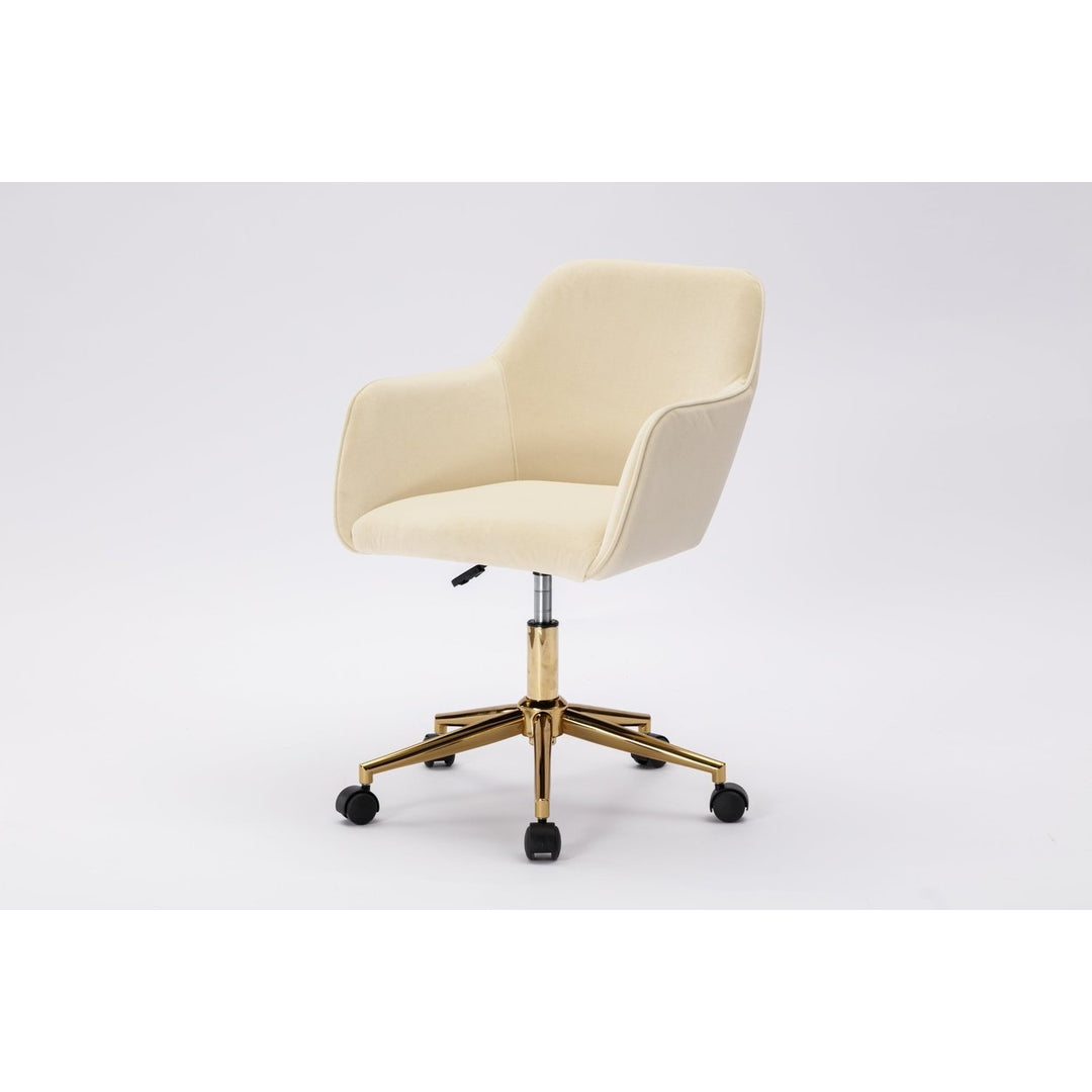 Adjustable Height 360 Revolving Velvet Office Chair with Gold Metal Legs and Universal Wheels Beige Image 10