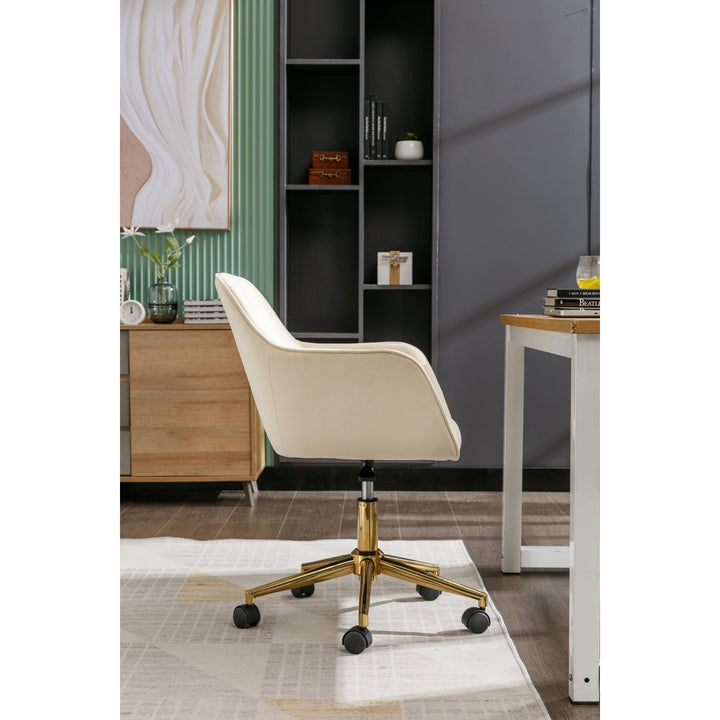 Adjustable Height 360 Revolving Velvet Office Chair with Gold Metal Legs and Universal Wheels Beige Image 11