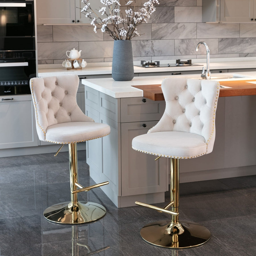 Adjustable Height Velvet Bar Stools Set of 2 Modern Upholstered Back Tufted Comfortable for Home Pub Kitchen Island Image 1