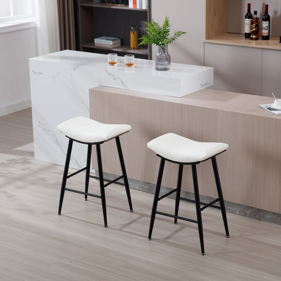 Armless Counter Height Bar Stools Set of 2 Modern PU Leather Cream Metal Legs Footrest Image 1