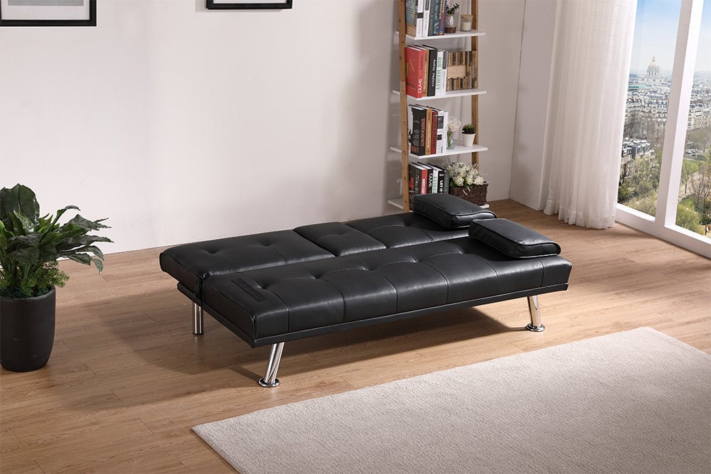 Black Leather Multifunctional Double Folding Sofa Bed with Coffee Table Ideal for Office and Living Room Space Saving Image 2