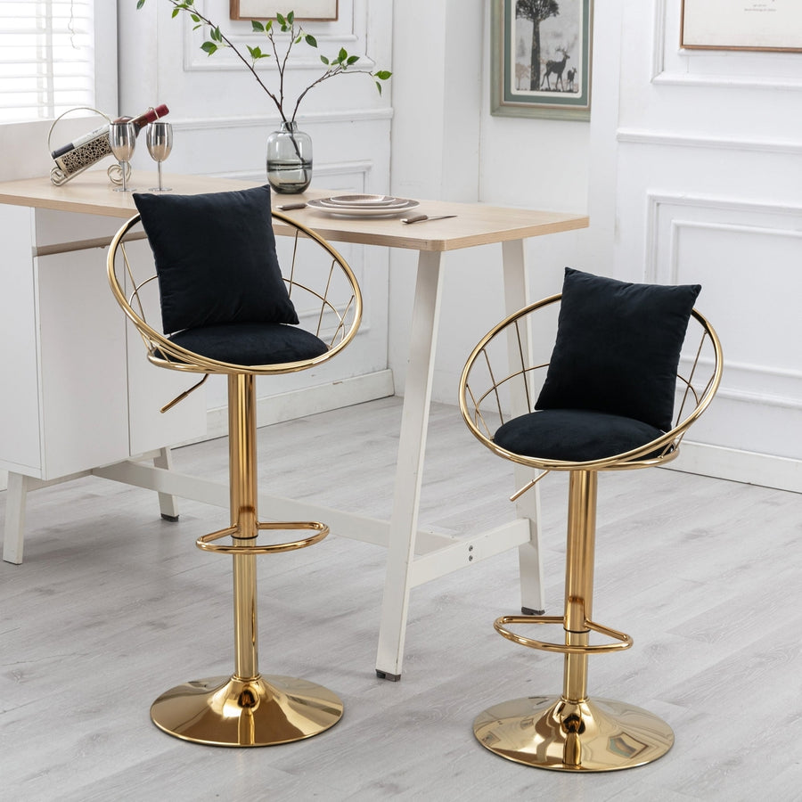 Black Velvet Bar Chair Set of 2 Gold Plated Unique Design 360 Degree Rotation Adjustable Height Ideal for Dining Room Image 1