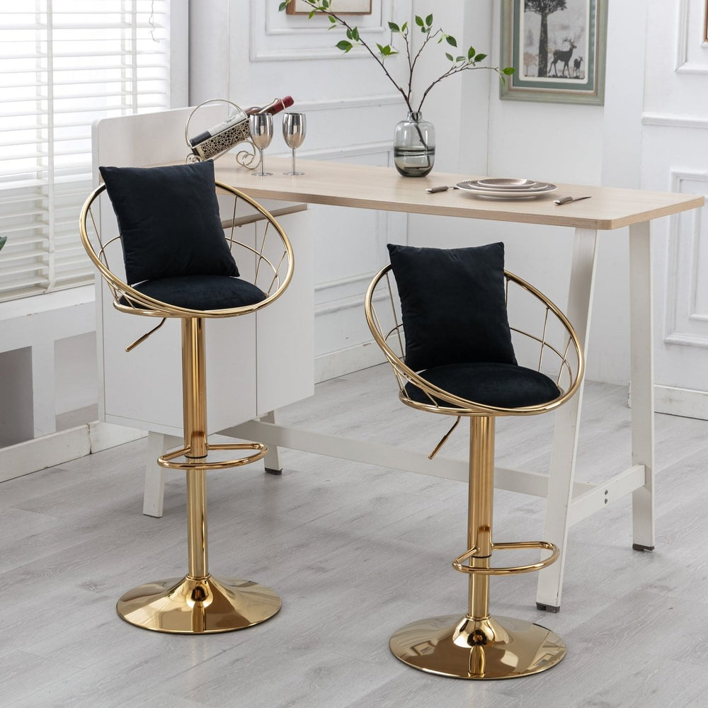 Black Velvet Bar Chair Set of 2 Gold Plated Unique Design 360 Degree Rotation Adjustable Height Ideal for Dining Room Image 2