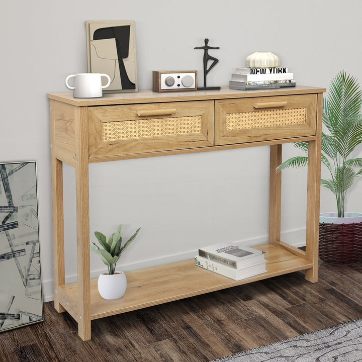 Console Table with 2 Drawers and Open Storage Shelf Narrow Accent Table Rattan Design for Living Room Entryway Hallway Image 1