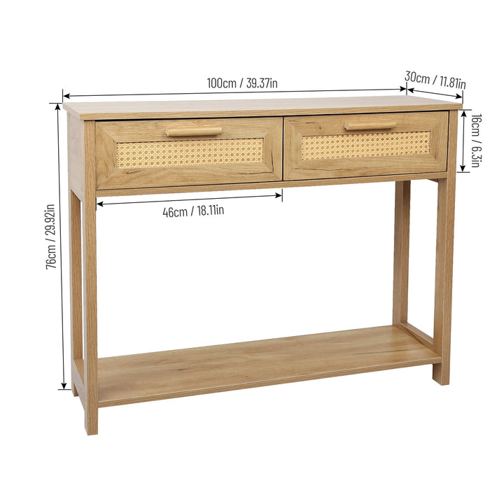 Console Table with 2 Drawers and Open Storage Shelf Narrow Accent Table Rattan Design for Living Room Entryway Hallway Image 3