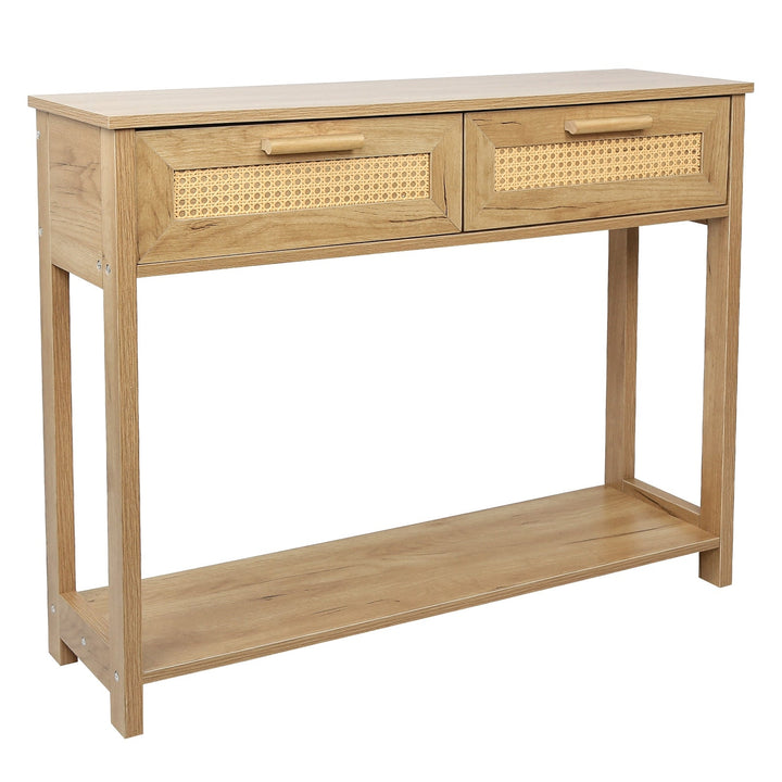 Console Table with 2 Drawers and Open Storage Shelf Narrow Accent Table Rattan Design for Living Room Entryway Hallway Image 6