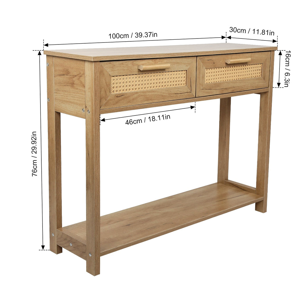 Console Table with 2 Drawers and Open Storage Shelf Narrow Accent Table Rattan Design for Living Room Entryway Hallway Image 7