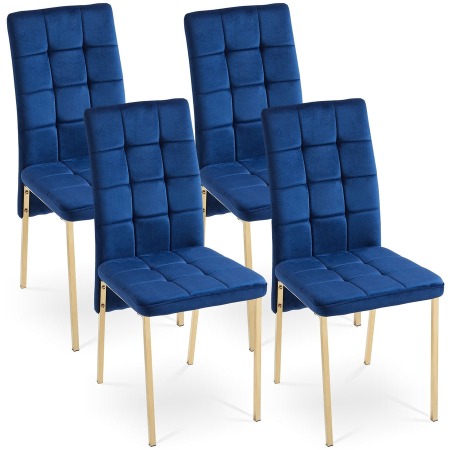 Dark Blue Velvet High Back Dining Chair Set of 4 Modern Fabric Chairs with Golden Legs Nordic Style Image 1