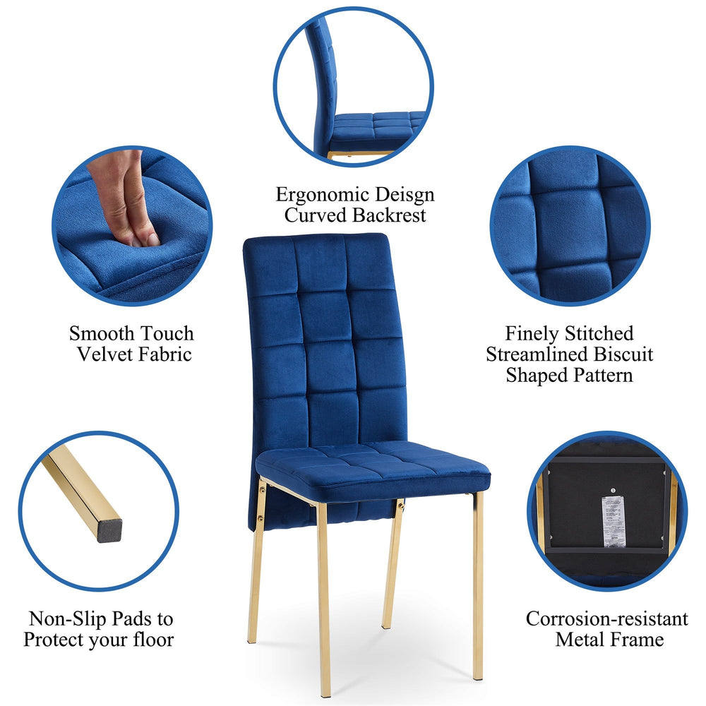 Dark Blue Velvet High Back Dining Chair Set of 4 Modern Fabric Chairs with Golden Legs Nordic Style Image 2