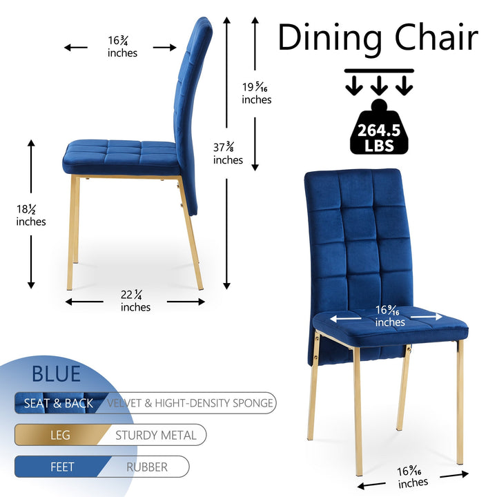 Dark Blue Velvet High Back Dining Chair Set of 4 Modern Fabric Chairs with Golden Legs Nordic Style Image 3