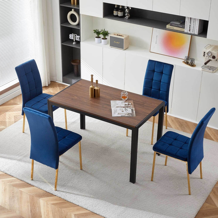 Dark Blue Velvet High Back Dining Chair Set of 4 Modern Fabric Chairs with Golden Legs Nordic Style Image 5