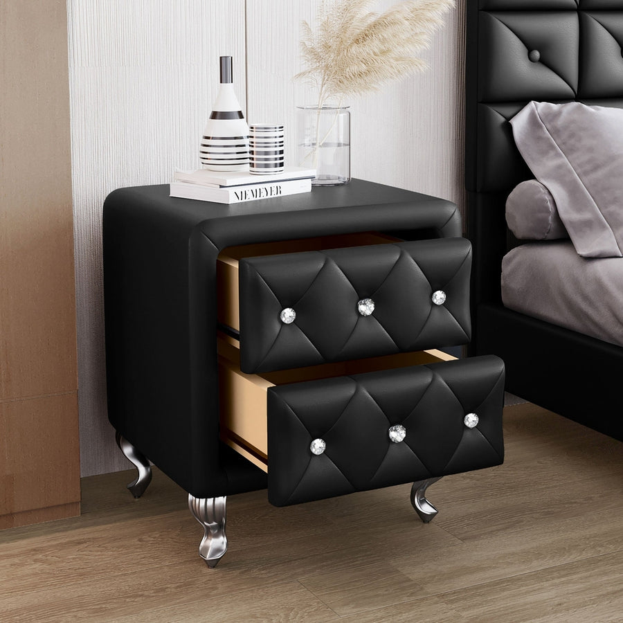 Elegant Black Nightstand with 2 Drawers and Crystal Handle Fully Assembled Storage Bedside Table with Metal Legs Image 1