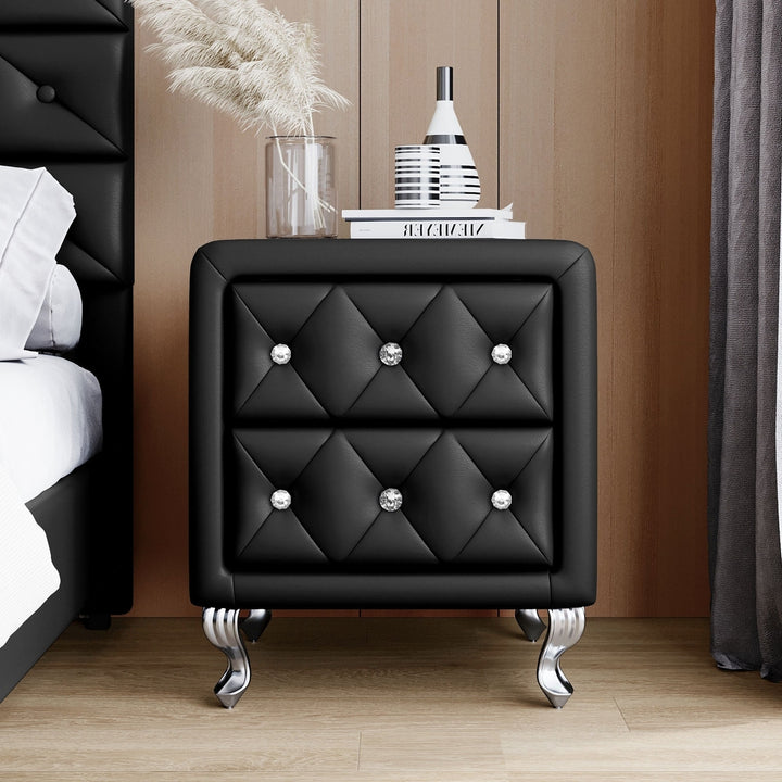 Elegant Black Nightstand with 2 Drawers and Crystal Handle Fully Assembled Storage Bedside Table with Metal Legs Image 2