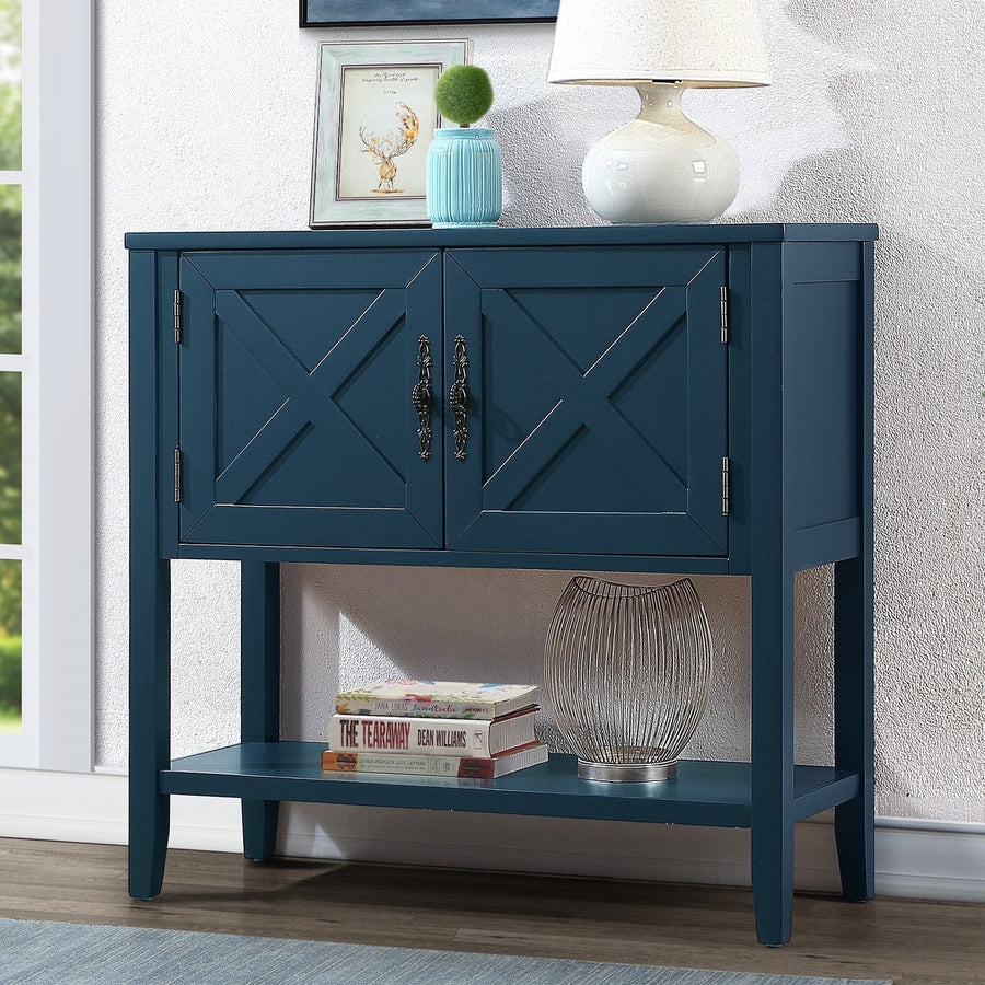 Farmhouse Wood Buffet Sideboard Console Table with Bottom Shelf and 2-Door Cabinet for Living Room Entryway Kitchen Image 1