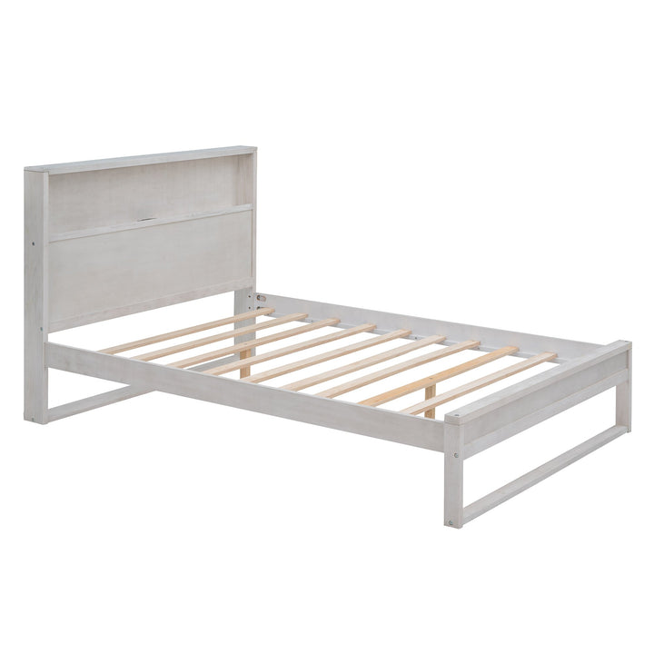 Full Size Platform Bed with Storage Headboard USB Ports and Sockets Antique White Image 3