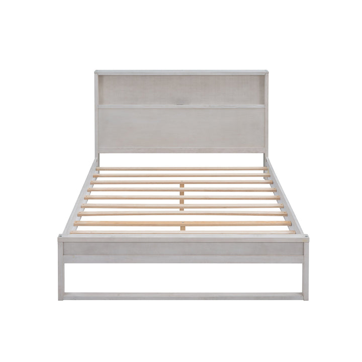 Full Size Platform Bed with Storage Headboard USB Ports and Sockets Antique White Image 5