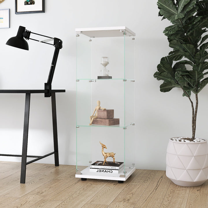 Glass Display Cabinet with 3 Shelves One-Door Curio Cabinet for Living Room Bedroom Office White Floor Standing Image 4