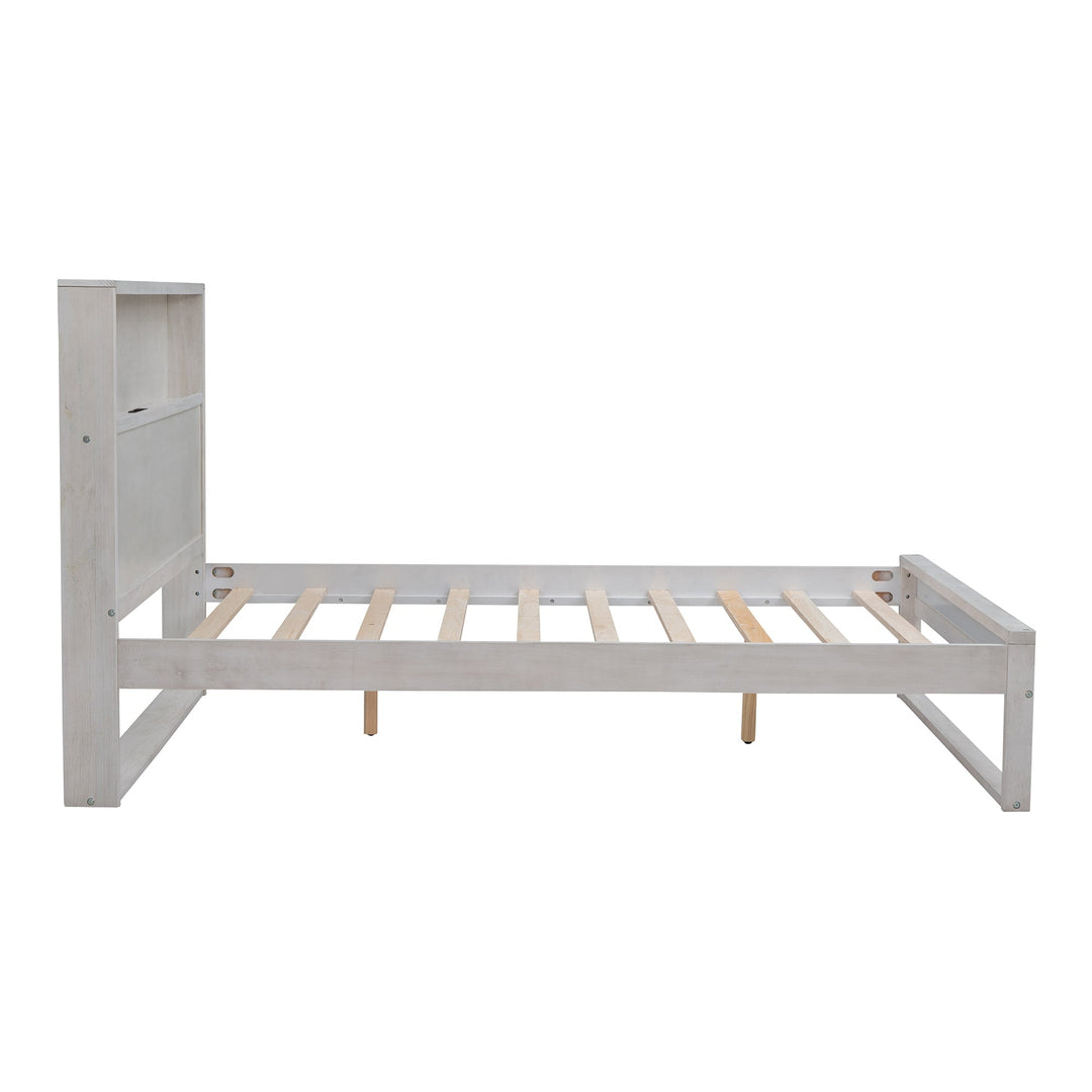 Full Size Platform Bed with Storage Headboard USB Ports and Sockets Antique White Image 7