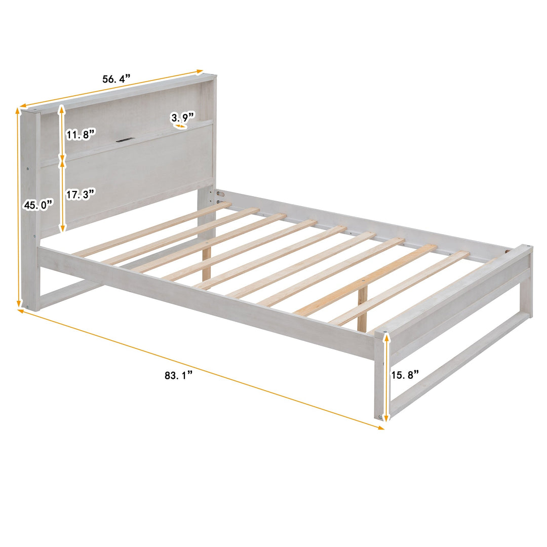 Full Size Platform Bed with Storage Headboard USB Ports and Sockets Antique White Image 8