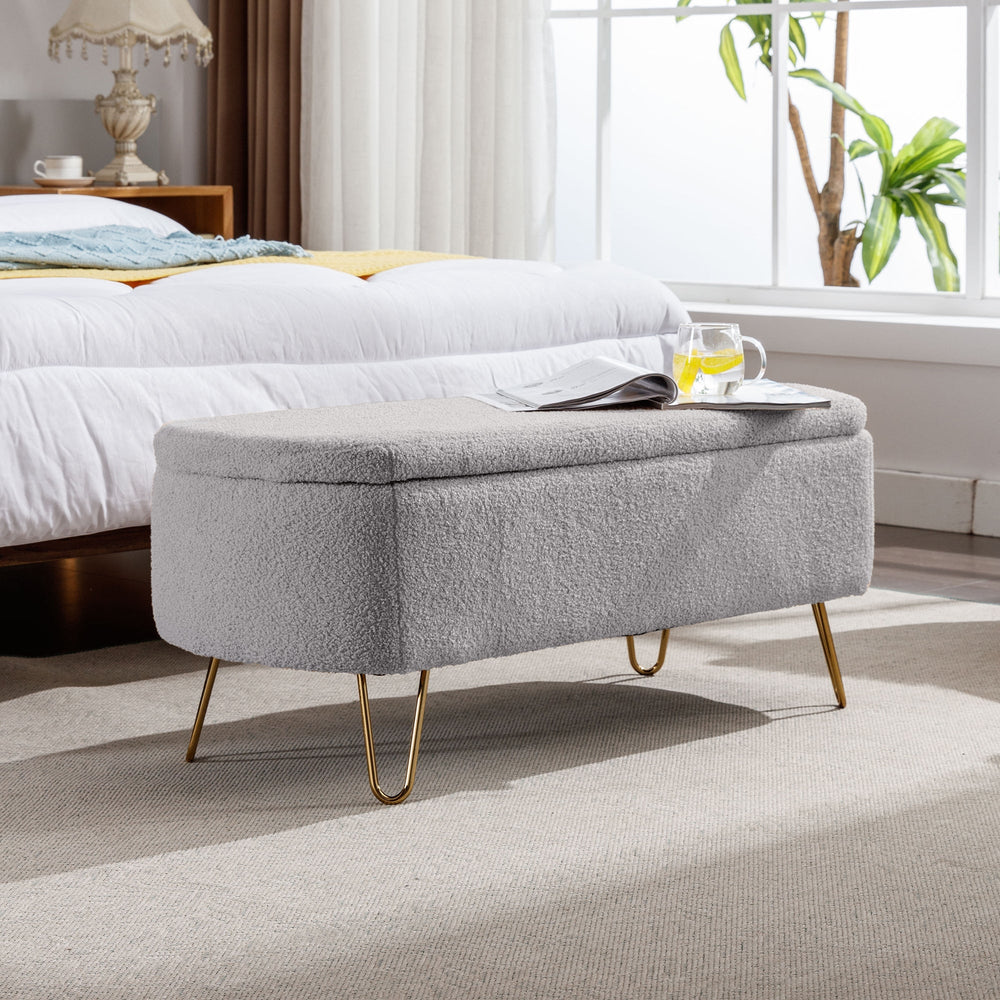 Grey Storage Ottoman Bench for End of Bed with Gold Legs Modern Faux faux Upholstered Padded Entryway Bench for Living Image 2