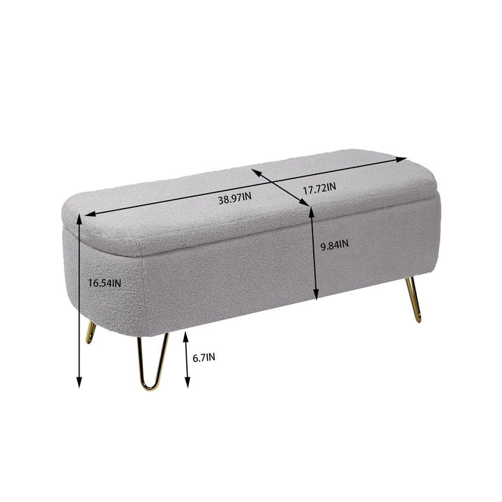 Grey Storage Ottoman Bench for End of Bed with Gold Legs Modern Faux faux Upholstered Padded Entryway Bench for Living Image 9