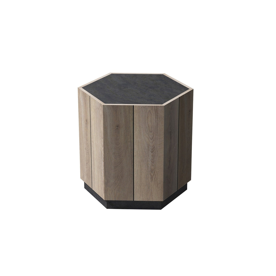 Hexagonal Rustic Corner Table Textured Black Warm Oak Bedside Table for Living Room Bedroom Image 8