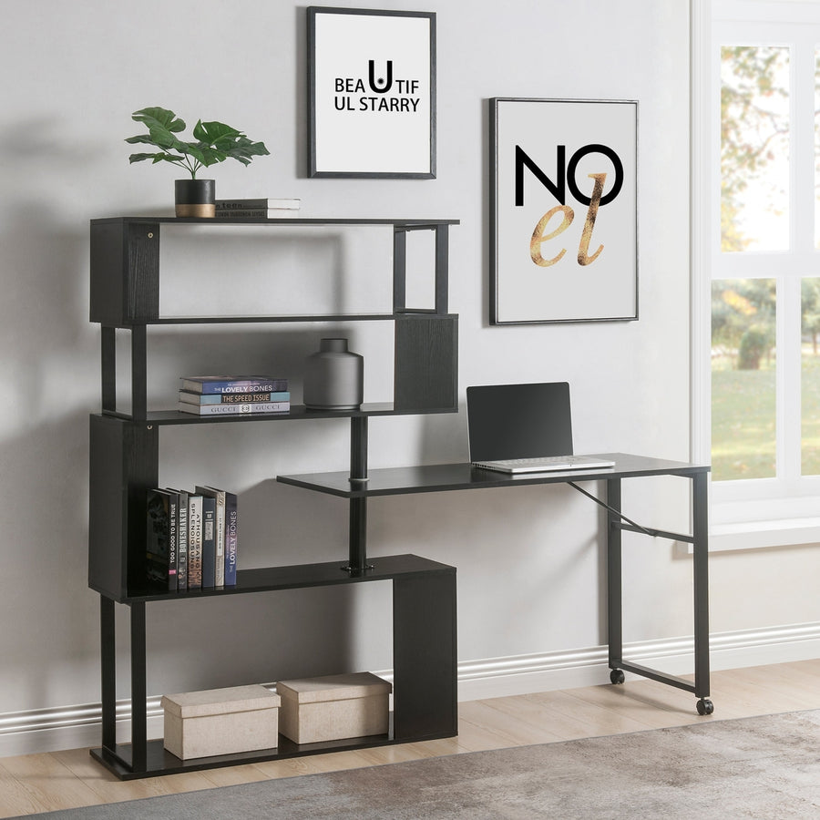 L-Shaped Corner Computer Desk with Rotating Table and 5-Tier Bookshelf, Lockable Casters, Four Installation Methods, Image 1