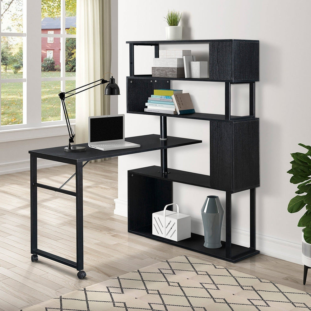 L-Shaped Corner Computer Desk with Rotating Table and 5-Tier Bookshelf, Lockable Casters, Four Installation Methods, Image 2