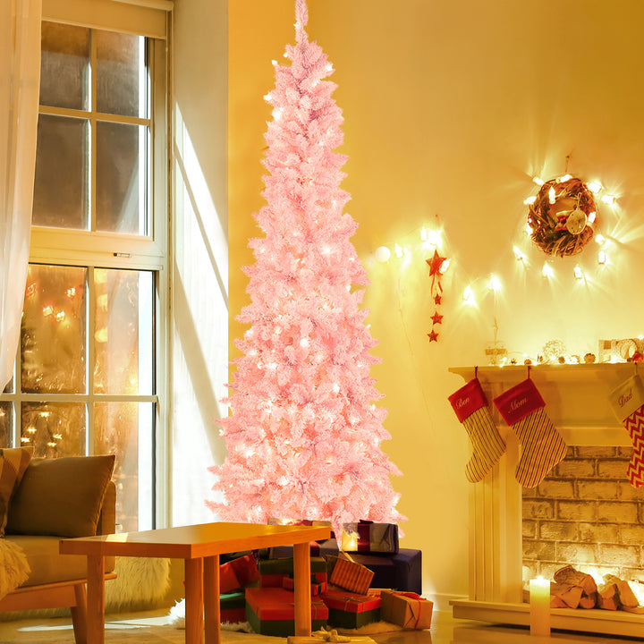 7FT Pre-Lit Flocked Christmas Pencil Snow Tree Holiday Decor Tree w/ LED Lights Image 4