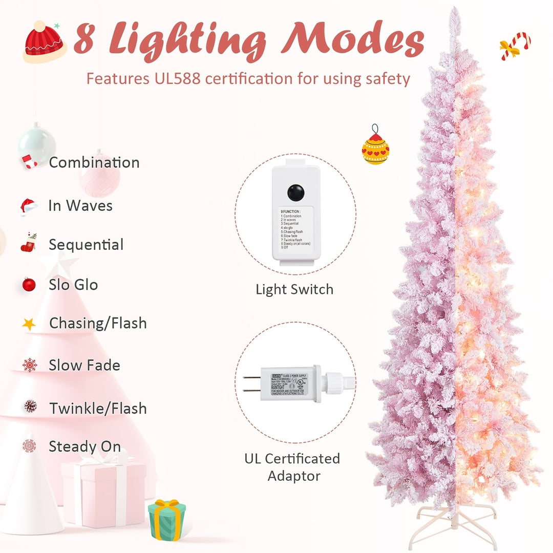 7FT Pre-Lit Flocked Christmas Pencil Snow Tree Holiday Decor Tree w/ LED Lights Image 5