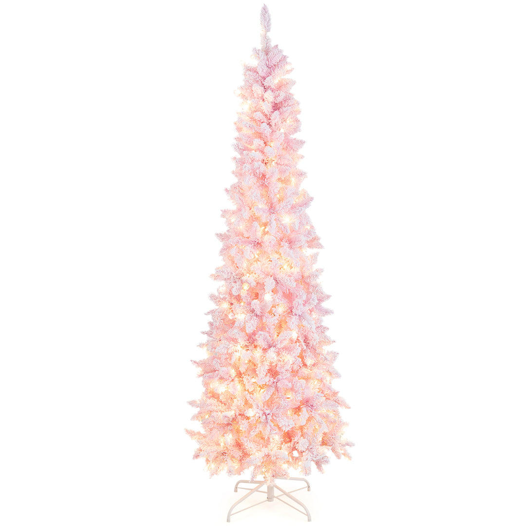 7FT Pre-Lit Flocked Christmas Pencil Snow Tree Holiday Decor Tree w/ LED Lights Image 9