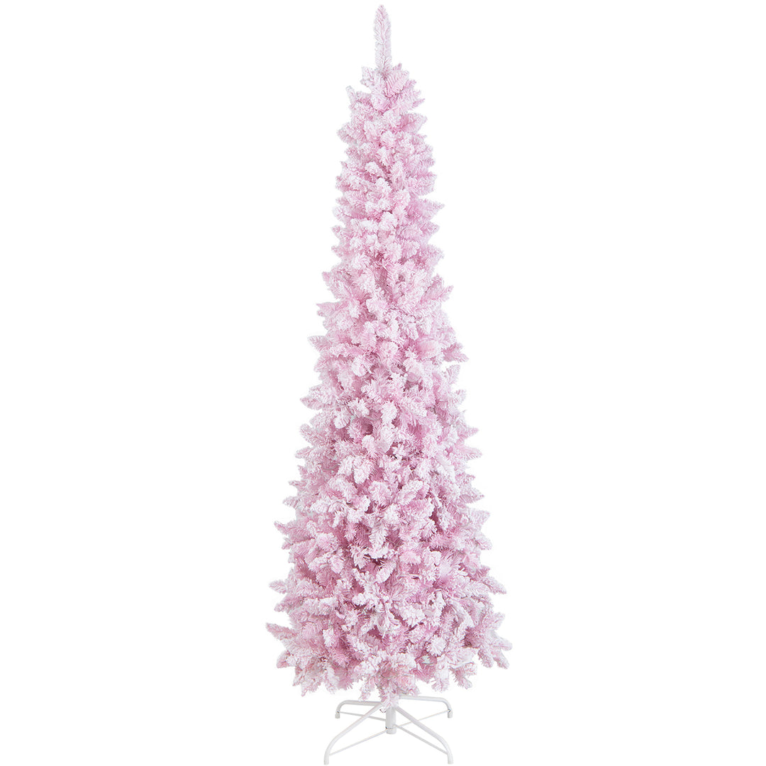 7FT Pre-Lit Flocked Christmas Pencil Snow Tree Holiday Decor Tree w/ LED Lights Image 10