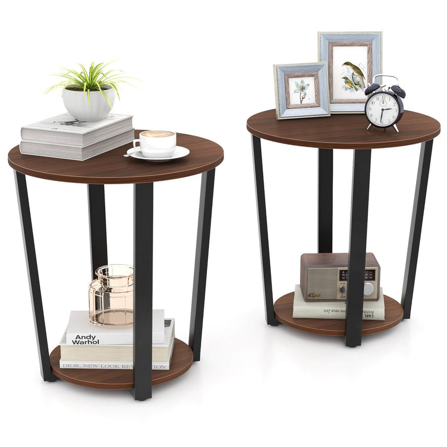 Set of 2 Industrial End Table Metal Frame w/ Shelf Image 1