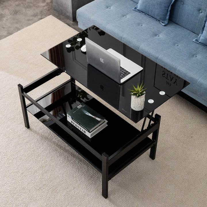 Modern Glass Lift Top Coffee Table with 2-Layer Design for Living Room Black Tempered Glass Image 1