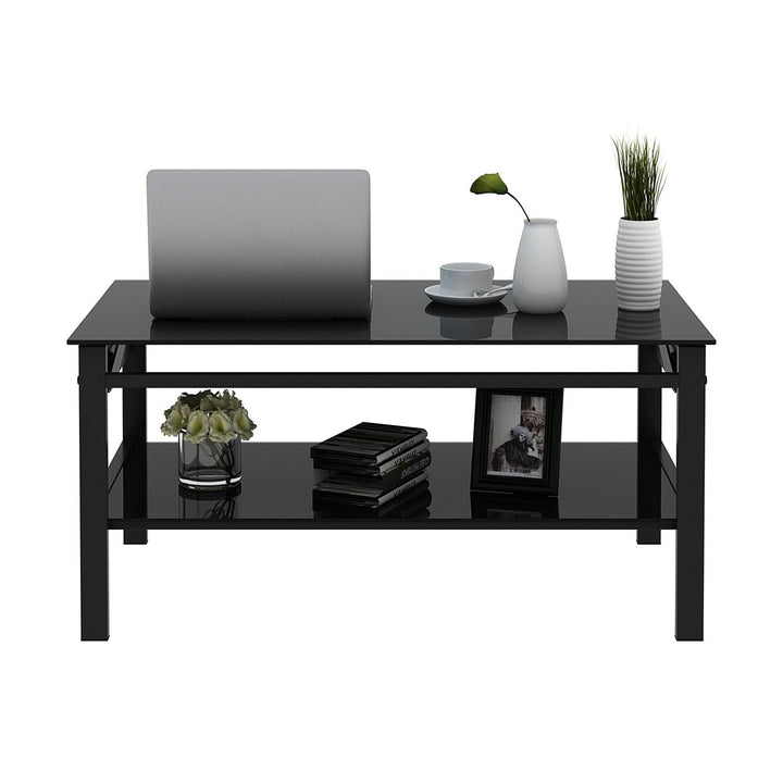 Modern Glass Lift Top Coffee Table with 2-Layer Design for Living Room Black Tempered Glass Image 6