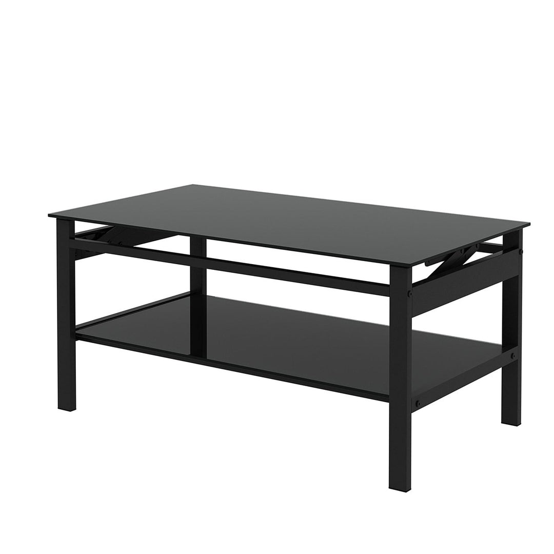 Modern Glass Lift Top Coffee Table with 2-Layer Design for Living Room Black Tempered Glass Image 7