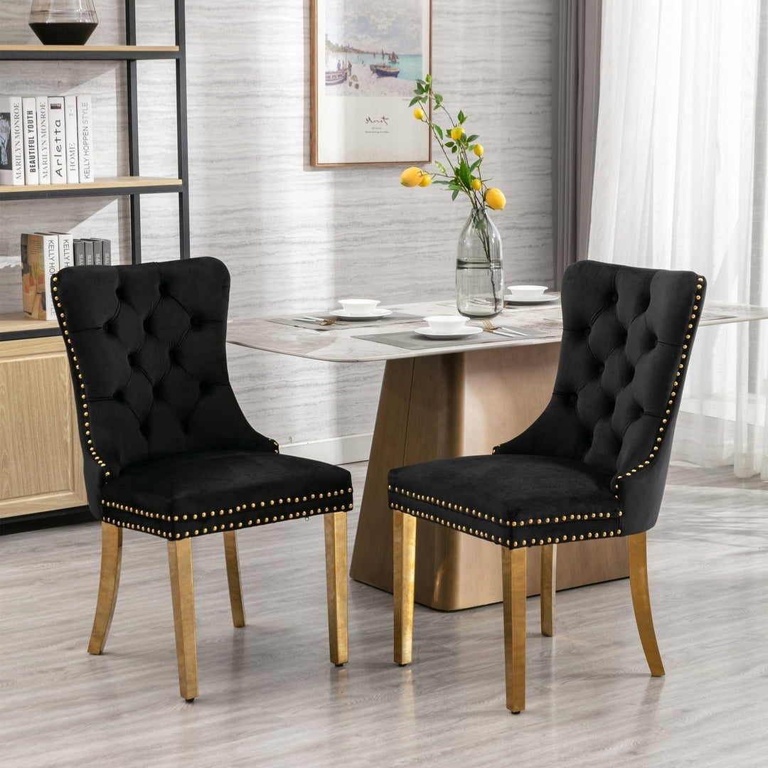 Modern High-end Tufted Solid Wood Velvet Upholstered Dining Chair Set of 2 with Golden Stainless Steel Legs and Nailhead Image 1