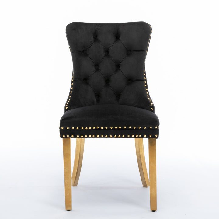 Modern High-end Tufted Solid Wood Velvet Upholstered Dining Chair Set of 2 with Golden Stainless Steel Legs and Nailhead Image 2