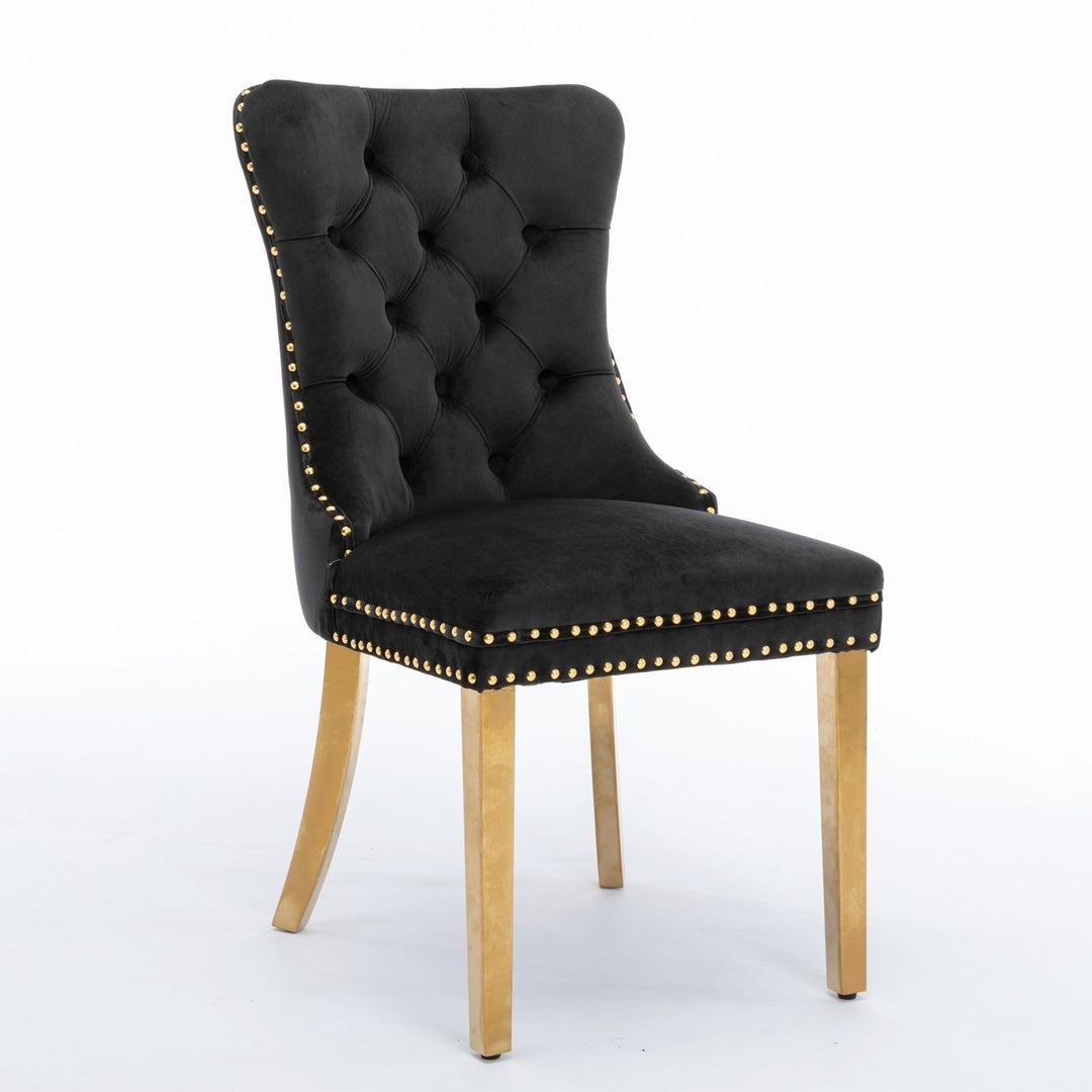 Modern High-end Tufted Solid Wood Velvet Upholstered Dining Chair Set of 2 with Golden Stainless Steel Legs and Nailhead Image 3