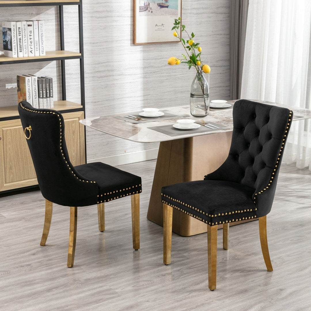 Modern High-end Tufted Solid Wood Velvet Upholstered Dining Chair Set of 2 with Golden Stainless Steel Legs and Nailhead Image 10