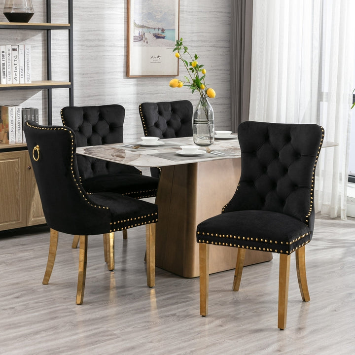 Modern High-end Tufted Solid Wood Velvet Upholstered Dining Chair Set of 2 with Golden Stainless Steel Legs and Nailhead Image 12