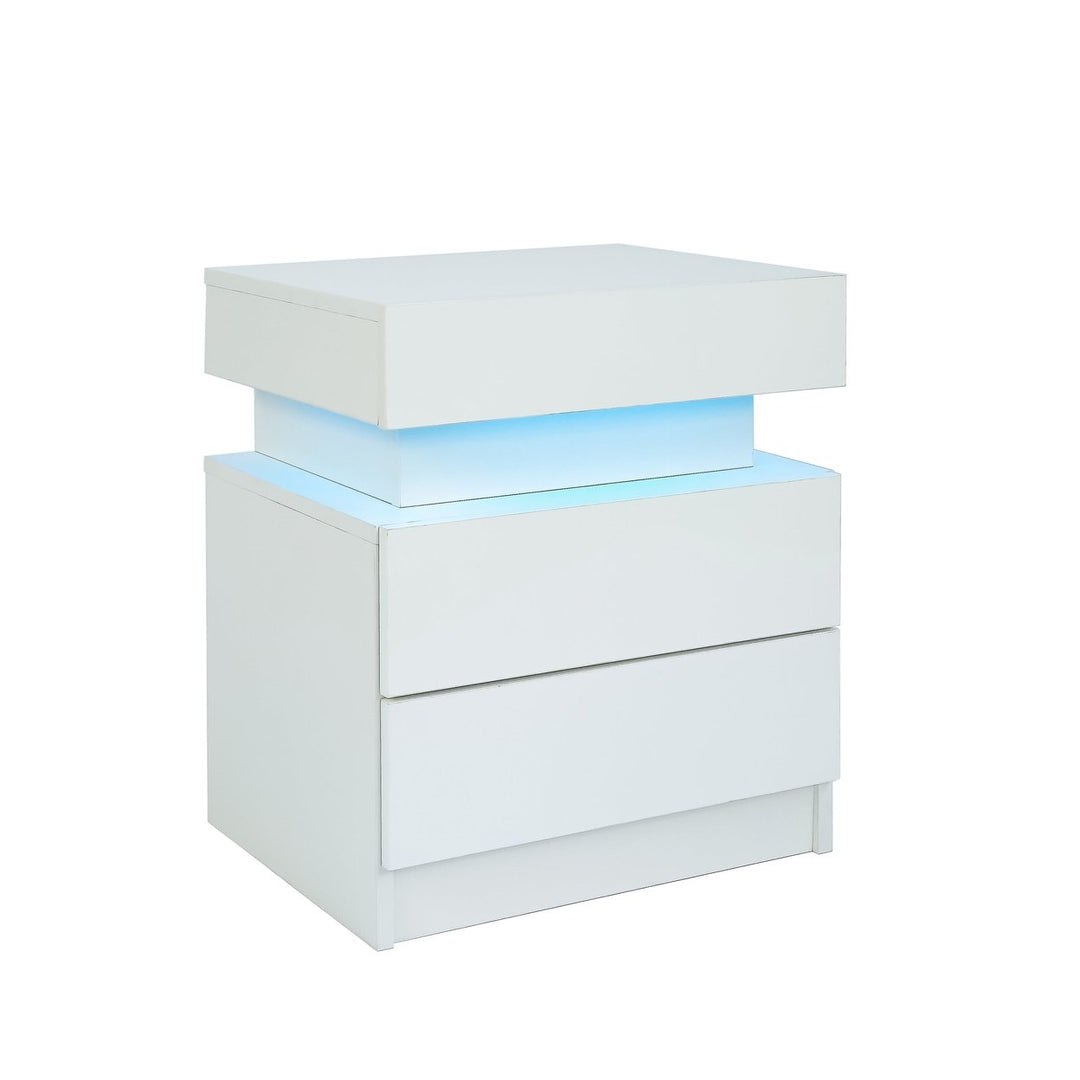 Modern LED Nightstand with Glossy Drawers White Bedside Table for Bedroom Furniture Image 2