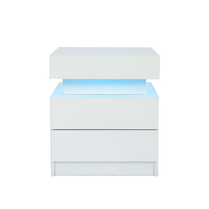 Modern LED Nightstand with Glossy Drawers White Bedside Table for Bedroom Furniture Image 3