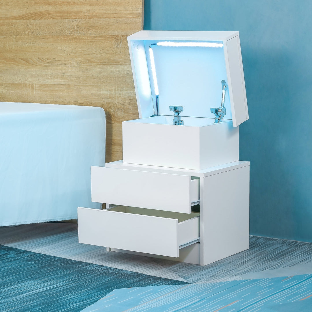 Modern LED Nightstand with Glossy Drawers White Bedside Table for Bedroom Furniture Image 4