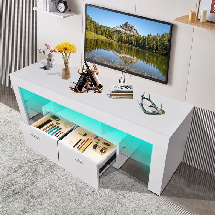 Modern LED TV Stand with Storage Drawer Entertainment Center for Up to 75 Inch Gaming Living Room Bedroom Image 4